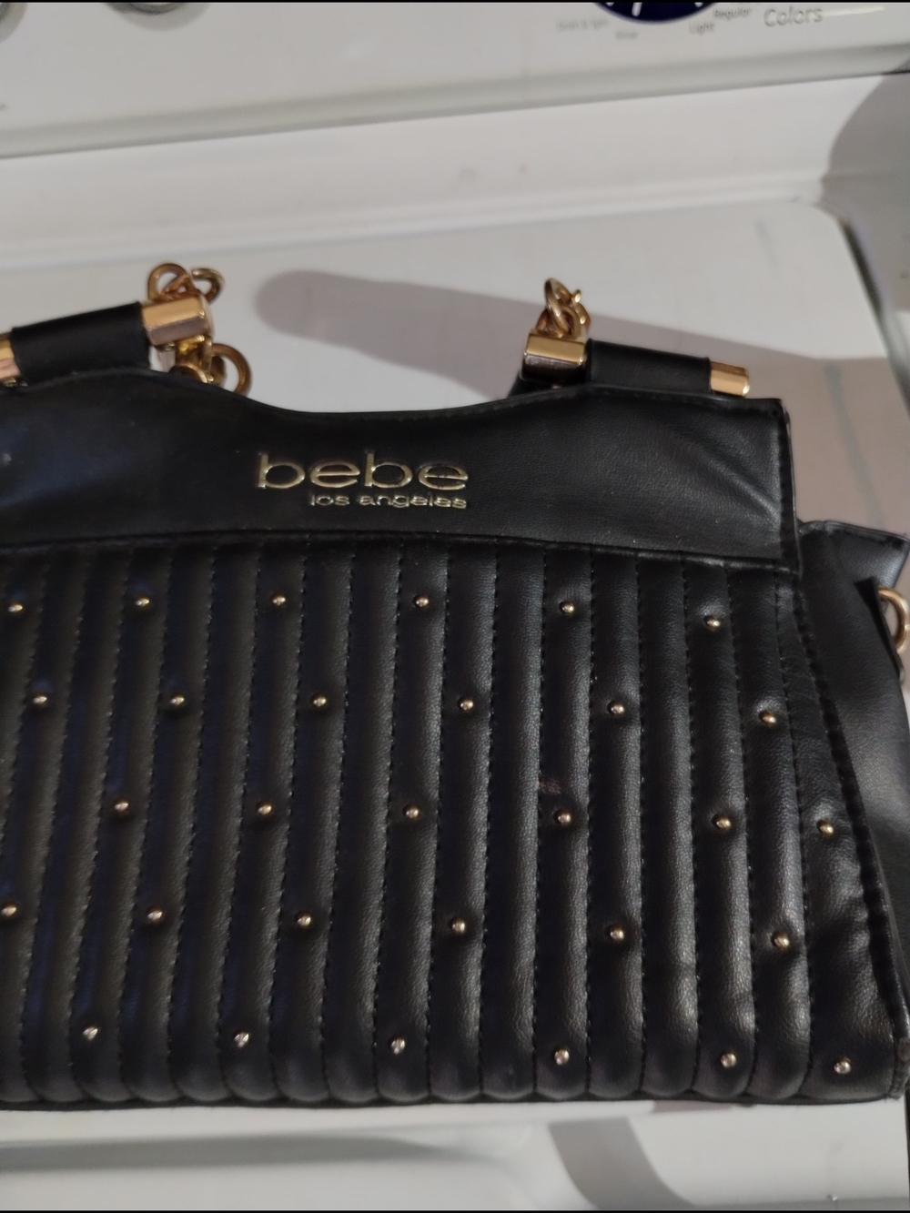 bebe Los Angeles Quilted Black Shoulder Bag with Gold Studs